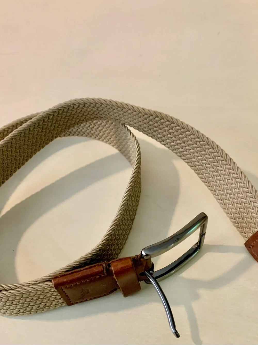 Tommy Bahama Beige Woven Belt with Brown Leather Trim, S/M